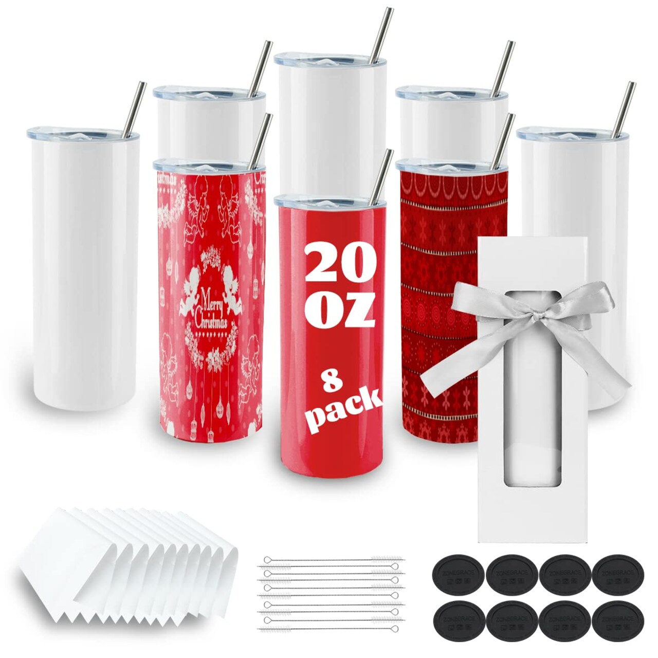 8 Pack Straight Sublimation Tumblers bulk 20 oz Skinny,Stainless Steel Double Wall Insulated Tumbler Cups Blank White with Lid, Straw, Individually Boxed,Polymer Coating for Heat Transfer
